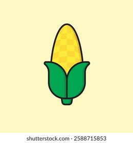 A vector icon of a bright yellow corn cob partially wrapped in green husks.