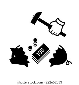 vector icon of broken piggy money bank full of money with a hammer | modern black flat design pictogram isolated on white background