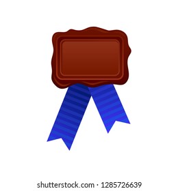 Vector icon of brown rectangular wax seal stamp with bright blue ribbon. Decorative element