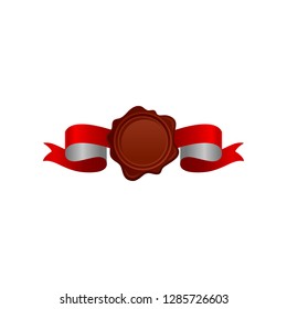 Vector icon of brown round-shaped wax seal with bright red-white satin ribbon. Vintage stamp
