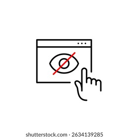 Vector icon of browser window with finger click and crossed-out eye, symbolizing hidden interactions, private browsing, or restricted web activity. Ideal for privacy tools, web apps, security settings