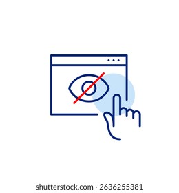 Vector icon of browser window with finger click and crossed-out eye, symbolizing hidden interactions, private browsing, or restricted web activity. Ideal for privacy tools, web apps, and security sett