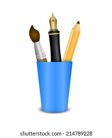 Vector icon of the brush, pencil, pen, ruler and marker in the holder