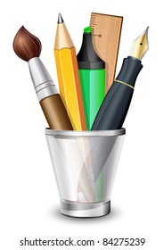 Vector icon of the brush, pencil, pen, ruler and marker in the holder