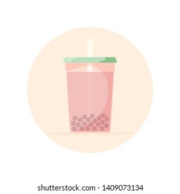 Vector icon of bubble tea in a cup for take away. No stroke flat icon, isolated in circle. Watermelon colors.