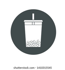 Vector icon of bubble tea in a cup for take away. Trasparent, no fill on cup. Isolated in circle.