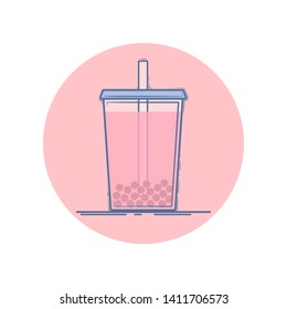 Vector icon of bubble tea in a cup for take away. Isolated in circle. Flat design. Blue and pink colors.