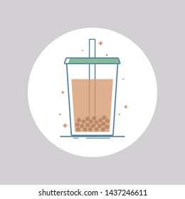 Vector icon of bubble tea in a cup for take away. Isolated in circle. Flat design.