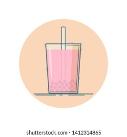 Vector icon of bubble tea in a glass with straw. Isolated in circle. Flat design. Pink color.