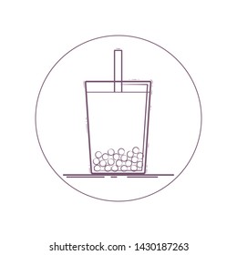 Vector icon of bubble tea in a glass with straw. Line icon in circle. Isolated on white background.