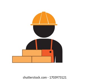 Vector icon of a builder in a helmet and with bricks. Construction and business.