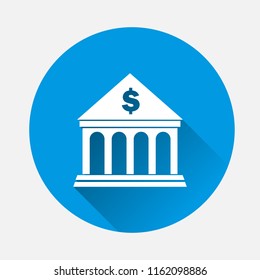 Vector icon building bank on blue background. Flat image bank  with long shadow. Layers grouped for easy editing illustration. For your design.