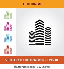 Vector Icon Of Building With Title & Small Multicolored Icons. Eps-10.