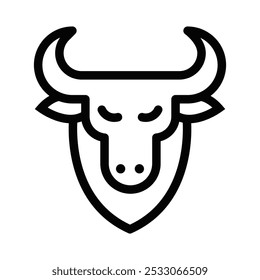 Ícone vetorial de uma face de touro em preto e branco, perfeito para designs de logotipo, agricultura ou temas animais. Traçado editável.