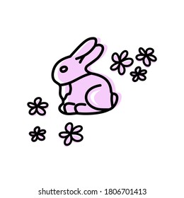 Vector icon with a bunny and flowers. Vector spring illustration for easter. Chocolate figurine. Design element for icons, logo, emblems.