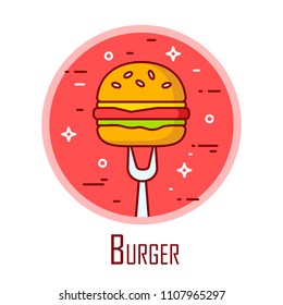 Vector icon with burger and fork in a coloured circle. Vector banner for fast food. Thin line flat design. 