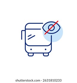 Vector icon of bus with crossed-out eye, symbolizing hidden route, invisible tracking, or privacy mode. Ideal for transportation apps, navigation systems, and privacy settings