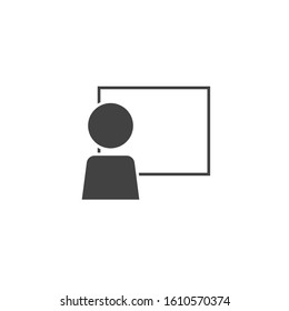 Vector icon  business man, teacher near a business board on white isolated background. 