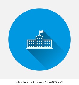 Vector icon of a business office building icon on blue background. Flat image with long shadow.