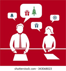 Vector icon of businessman and businesswoman speaking about christmas on meeting | white flat design pictogram illustration and infographic isolated on red background