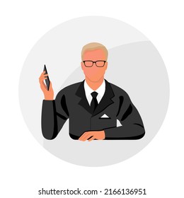 Icono vector del hombre de negocios. Imagen de un hombre avatar con traje negro con gafas y smartphone. Ilustración plana.