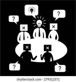 Vector icon of businessman in meeting thinking outside the box during brainstorming while others do not | white modern flat design conceptual pictograms and illustrations isolated on black background