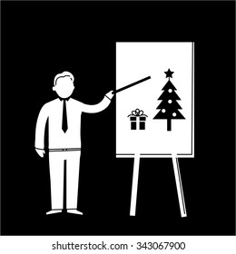Vector icon of businessman presenting christmas tree and gift on board | white flat design pictogram illustration and infographic isolated on black background
