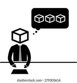Vector icon of businessman thinking in the box about boxes | black modern flat design conceptual pictograms and illustrations isolated on white background