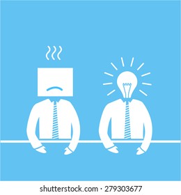 Vector icon of businessman thinking in the box and out of the box in the office | white modern flat design conceptual pictograms and illustrations isolated on blue background