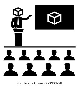 Vector icon of businessman thinking in the box presenting the box at the conference | black modern flat design conceptual pictograms and illustrations isolated on white background