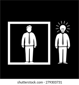 Vector icon of businessman thinking in the box and out of the box | white modern flat design conceptual pictograms and illustrations isolated on black background