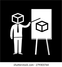 Vector icon of businessman thinking in the box presenting the box on the board | white modern flat design conceptual pictograms and illustrations isolated on black background
