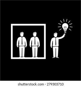 Vector icon of businessman thinking out of the box | white modern flat design conceptual pictograms and illustrations isolated on black background