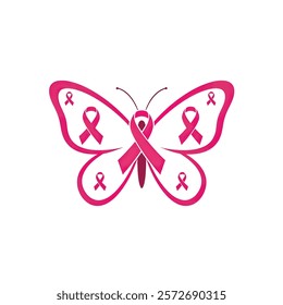 Vector icon Butterfly with a cancer ribbon on its wings on a white background
