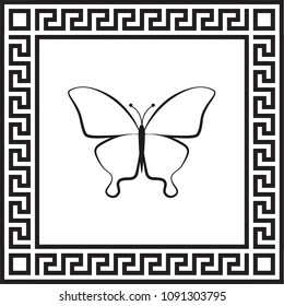 Vector icon butterfly in a frame with a Greek ornament