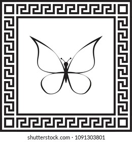 Vector icon butterfly in a frame with a Greek ornament