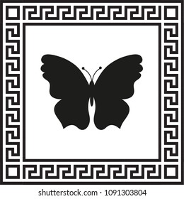 Vector icon butterfly in a frame with a Greek ornament