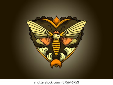 Vector icon with butterfly. Moth in the heart. Sketch of tattoo.