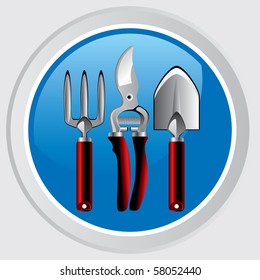 Vector icon. Button with the garden tools and equipment