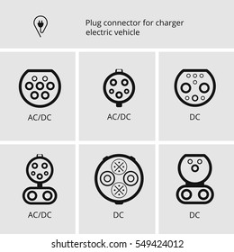 Vector icon cable and plug for charging electric cars. Basic connectors for charging electric vehicles. EV adapters.
