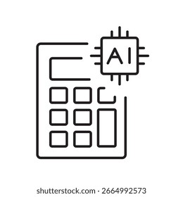 Um ícone vetorial de uma calculadora com um chip de IA, representando cálculos financeiros inteligentes alimentados por inteligência artificial, criado em estilo de linha com traço editável