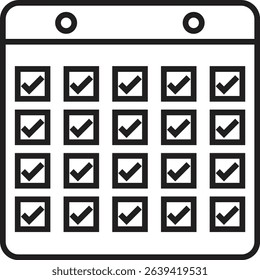 Vector icon of a calendar with all date squares marked with a checkmark, illustrating completed tasks or achievements. Rendered in a clean, minimal outline style.