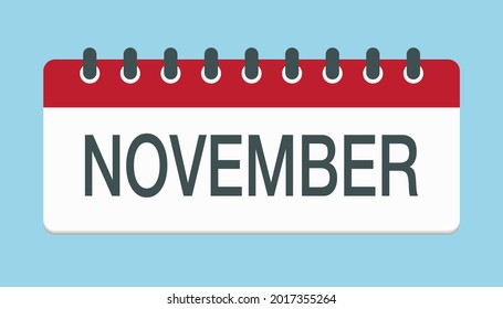 Vector icon calendar autumn month - November. Sign of year. Vector icon illustration flat style. Date day of month Sunday, Monday, Tuesday, Wednesday, Thursday, Friday, Saturday. Holidays to-do list