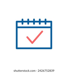 Vector Icon of Calendar with Checkmark: Thin Line Illustration for Event Planning and Confirmation.