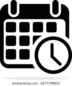 Ein Vektorsymbol eines Kalenders und einer Uhr in Schwarz. Dieses Symbol steht für Zeitplan, Termin, Datum und Zeit-Management, ideal für digitale Apps und Websites.