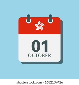 Vector Icon calendar day - 1 october. Days of the year. Date day of month Sunday, Monday, Tuesday, Wednesday, Thursday, Friday, Saturday. Holidays, anniversary, Independence Day Hong Kong China Asia.