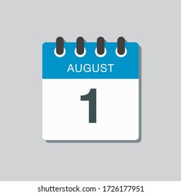 Vector icon calendar day - 1 August. Days of the year. Vector illustration flat style. Date day of month Sunday, Monday, Tuesday, Wednesday, Thursday, Friday, Saturday. Summer holidays spring August.