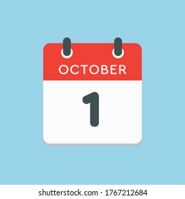 Vector icon calendar day - 1 October. Days of the year vector illustration flat style. Date day of month Sunday, Monday, Tuesday, Wednesday, Thursday, Friday, Saturday. Autumn holidays in October.