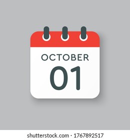 Vector icon calendar day - 1 October. Days of the year vector illustration flat style. Date day of month Sunday, Monday, Tuesday, Wednesday, Thursday, Friday, Saturday. Autumn holidays in October.