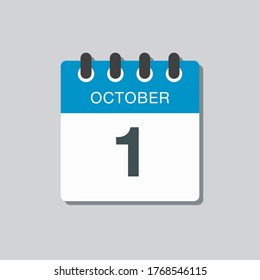 Vector icon calendar day - 1 October. Days of the year vector illustration flat style. Date day of month Sunday, Monday, Tuesday, Wednesday, Thursday, Friday, Saturday. Autumn holidays in October.